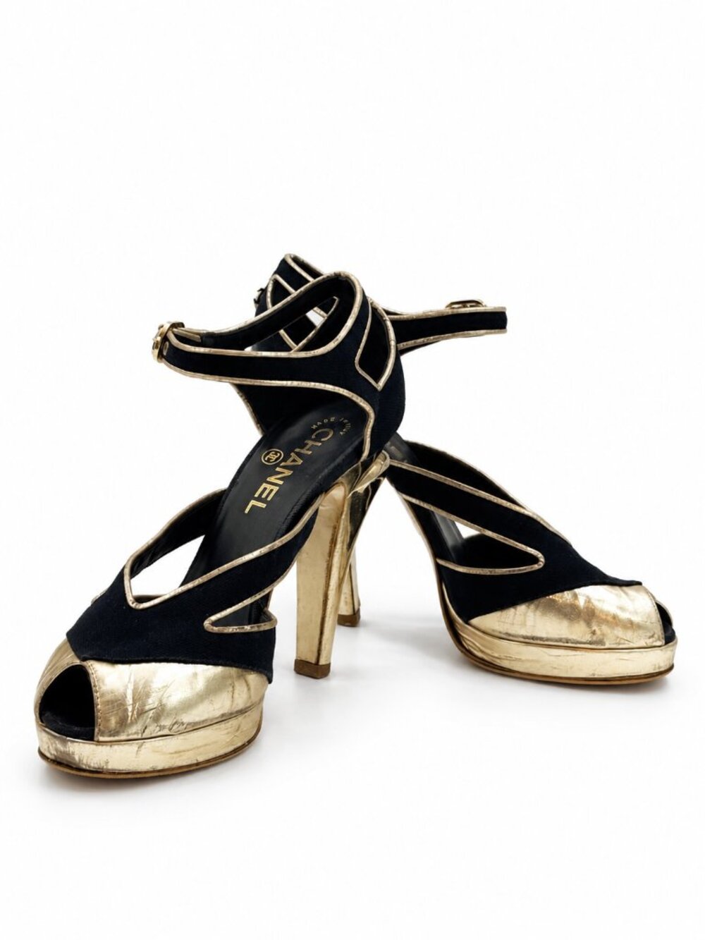 Chanel black & silver peep toe heels with gold trim